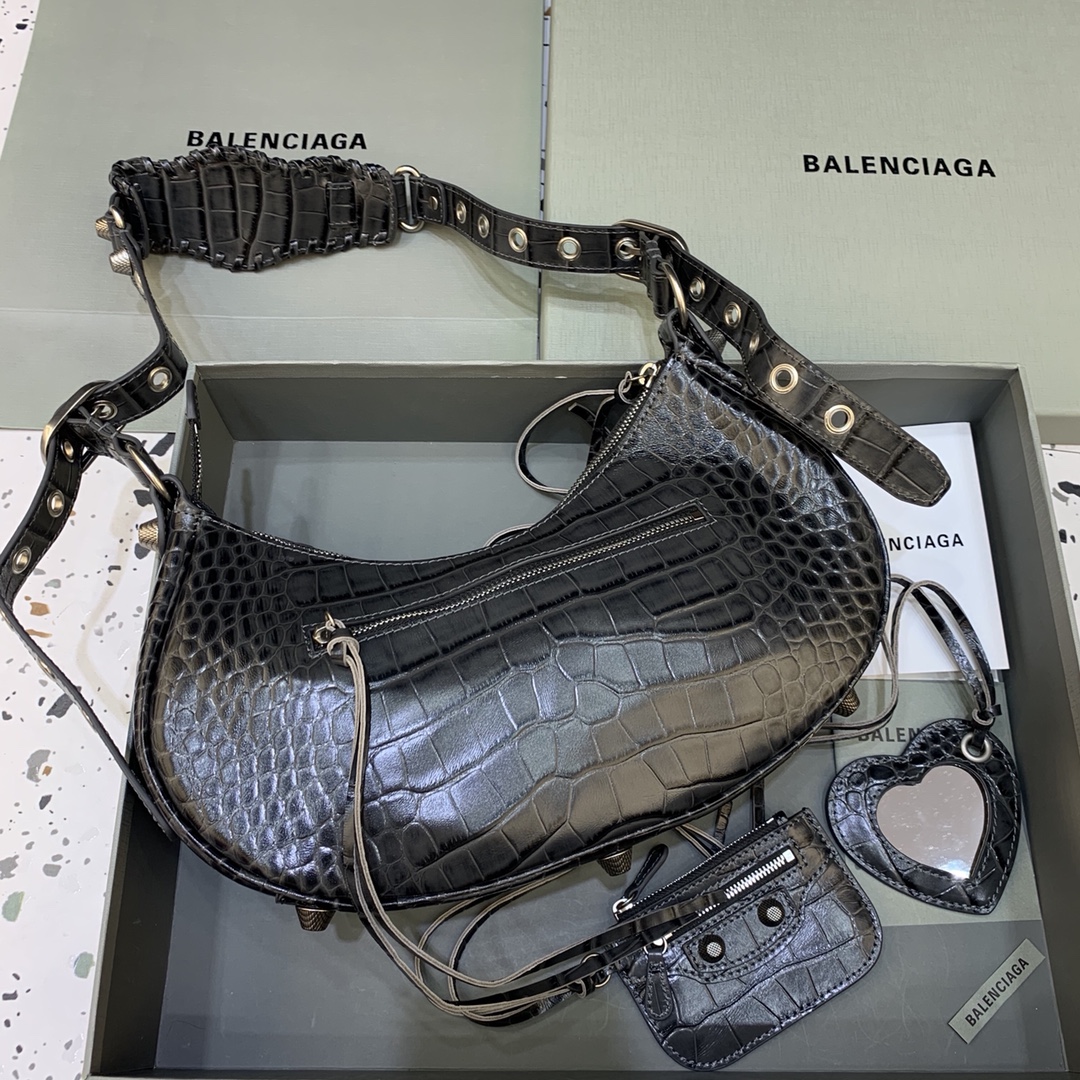 Balenciaga Le Cagole Small Shoulder Bag Crocodile Embossed Black